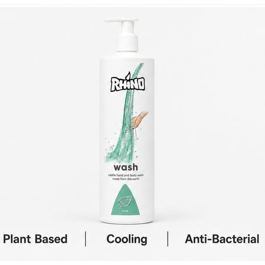 A white pump bottle of Rhino Wash hand sanitizer with a green splash graphic, centered on a white background with text below reading &
