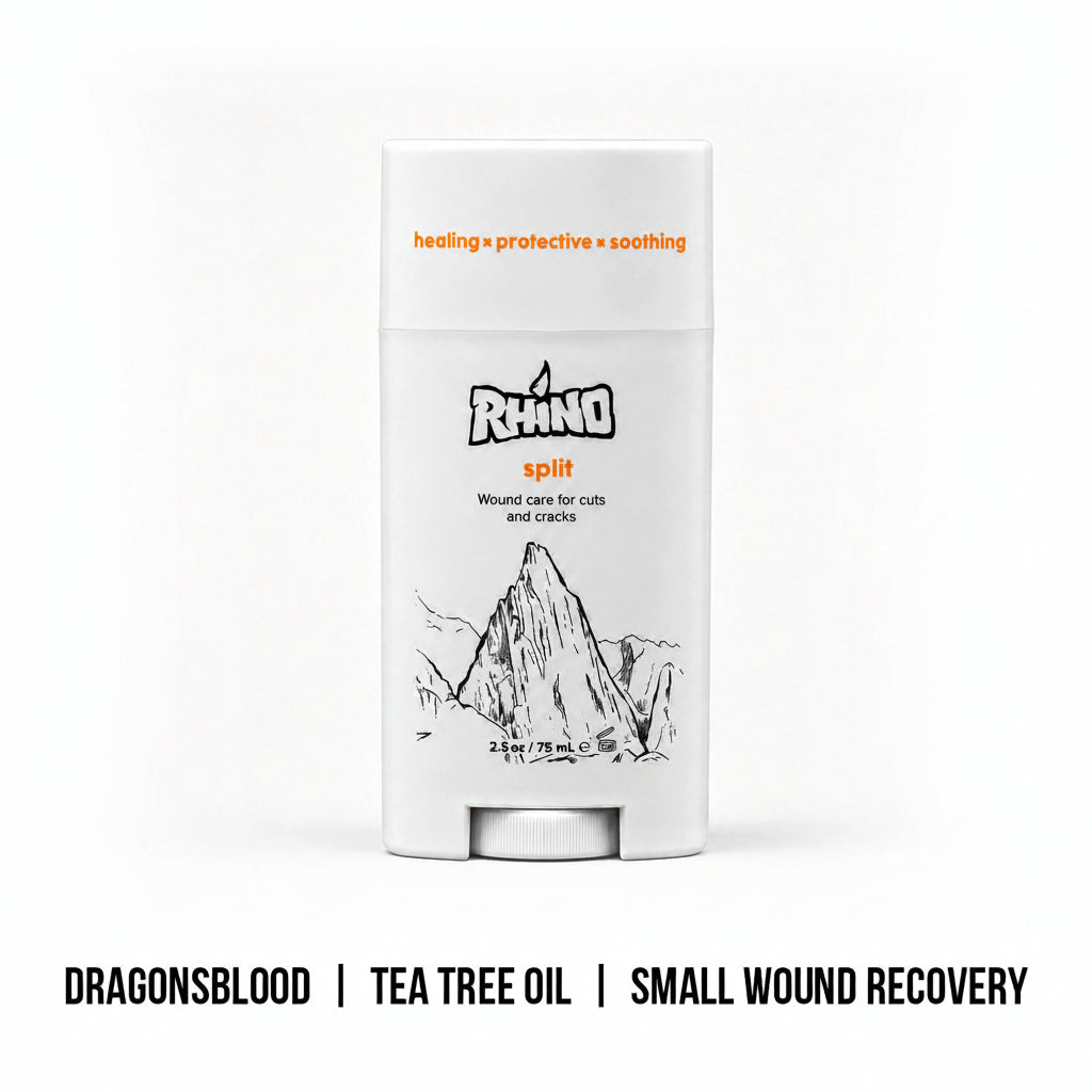 A white rectangular wound care stick container labeled 'RHINO splint' with a black mountain illustration and orange text, centered on a white background. Below the product, black text reads 'DRAGONSBLOOD | TEA TREE OIL | SMALL WOUND RECOVERY'.