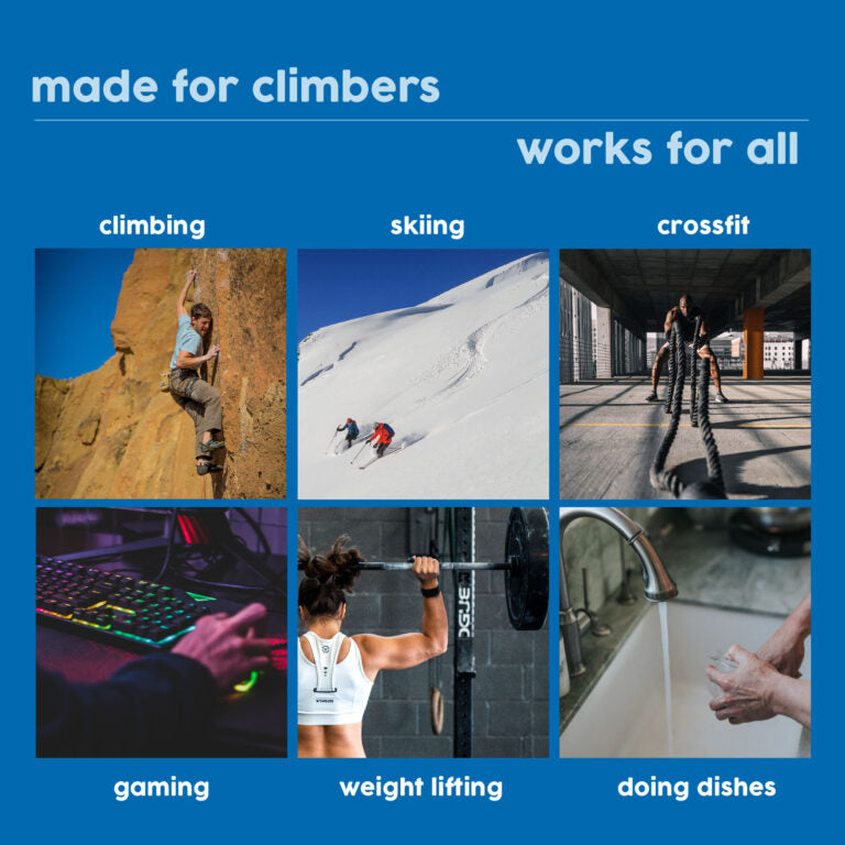 A graphic with the title "Made for Climbers, Works for All," featuring a grid of six images showcasing various activities where Rhino Skin Solutions products can be useful. The images include a person rock climbing, skiers on a snowy slope, someone doing CrossFit with battle ropes, a person gaming with a colorful keyboard, a woman weightlifting, and hands washing dishes under a running faucet. The graphic emphasizes the versatility of Rhino Skin Solutions products for diverse activities beyond just climbing